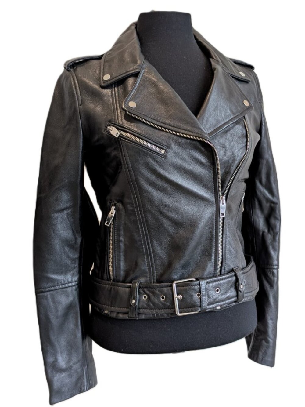 Zara Black Leather Biker Jacket with Zipper Details